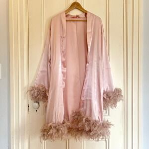 Pink Satin Robe Feather Trim Loungewear Kimono Style Glamour Old Hollywood Large